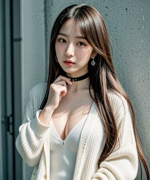 (masterpiece:1.35),(best-quality:1.4), 8k, ultra-detailed, photography, (ultra-realistic:1.4), film grain, portrait photo of 23 years old J-pop woman in white cardigan, (flowing long hair, run her hand through her hair), earrings, choker, cleavage, pale skin, (pout, thin lip), hard shadows, simple background, (instagram photo),