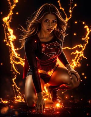 Supergirl crouches in a powerful stance, her suit glowing with a subtle 'S' emblem, one fist resting on the ground while the other is raised defensively, framing her strong facial features and intricate skin texture. Surrounded by dazzling flames, her figure is illuminated by vibrant, flickering fire that dances around her. Her hair flows freely, seemingly intertwined with the fiery glow, creating a striking contrast against the dark background. The fire swirls around her body in intricate patterns, highlighting her silhouette and emphasizing the power she embodies. Her expression is fierce and captivating, with flames reflecting in her eyes. Binary code cascades from her form like waterfalls of light as she seamlessly blends into the digital void below. From behind her, an over-the-shoulder shot captures her gaze into the digital world she's merging with, silhouetted against a backdrop of glowing code.