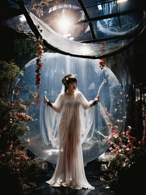 In a cinematic style, a girl poses within the curvature of a massive, translucent sphere, enveloped in see-through silk fabric that showcases her stunning physique. Delicate flower and plant arrangements adorn her surroundings, bathed in dynamic chiaroscuro's dramatic play of light and shadow. High-resolution details reveal perfect anatomy, drawing the viewer in with its awe-inspiring beauty. The scene is centered, radiating an atmosphere of mystery as the subject's captivating pose fills the frame. With a smooth, sharp focus, the illustration bursts forth in high definition, accent lighting casting an otherworldly glow amidst contrasting bright paint colors on ArtStation concept art.,bohoai girl