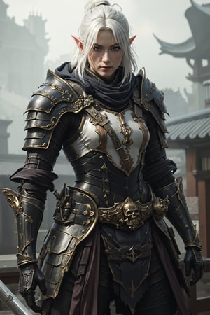 Depict a highly realistic portrait of a tall, imposing asina female elven ninja, golden white armor, clad in dark, layered samurai armor.Their silver-white hair is tied back, contrasting sharply with the white and gold elements of their attire. Her piercing eyes are visible, adding an air of mystery and danger. The armor is meticulously detailed, with leather straps, metal plates, and gold accents that highlight the character's stature. The background is shrouded in mist, with the outlines of traditional Japanese architecture barely visible, enhancing the mystical ambiance. Soft, diffused lighting should capture the textures and details of the scene, bringing a sense of depth and realism to the character and their surroundings. dynamic_pose, aesthetic_pose, With one foot forward and one hand resting on a katana, her stance alert as the fog shifts around her.