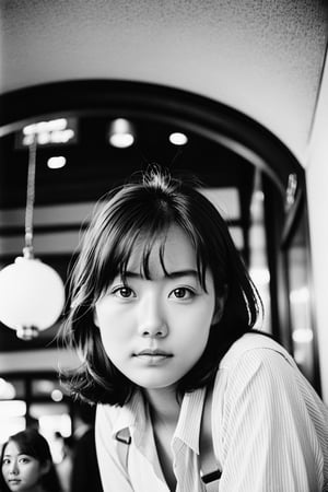 masterpiece, best quality, analogue photo of 18 years old Japanese girl, low angle eye level, high key lighting, photo by Leica M3 with 50mm lens, Tri-X 400 black and white film, (documentary photography, professional photo, balanced photo, balanced exposure)