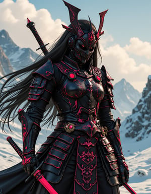 cyberpunk style, a stunning japanese female warrior, long flowing hair, wearing samurai armour and helmet, holding a katana with both hands on a snowy battlefield, theme in neon, red and black colour, high quality, highly detailed,fantasy armor,