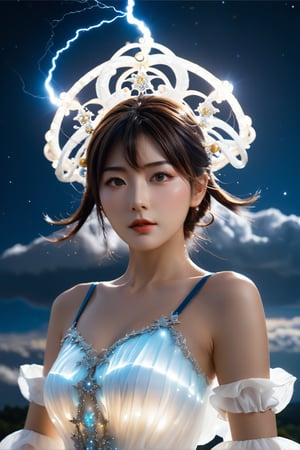 In a breathtaking tableau, Hinaigirl stands majestically under the celestial glow of the moon and stars. Her form constantly shifts like wispy clouds, as she's adorned in an ensemble of swirling vapor and lightning. A masterpiece of Avant-garde attire and headdress frames her ethereal presence, amidst a vast open sky filled with swirling clouds and distant thunderstorms. Hyper-detailed features reveal intricate details on her refined facial structure, mesmerizing eyes, and stylishly detailed modern haircut.