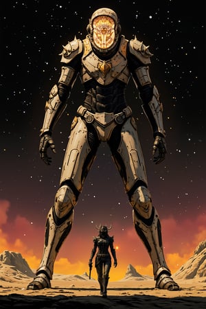 A lone spaceranger stands victorious against the inky darkness of space, helmetless visor down, striking pose radiating against the starry backdrop. The astronaut's entire figure glows with an otherworldly aura as they defy gravity with arms and legs splayed. In the distance, a crashed spaceship smolders amidst the arid desert horizon, bathed in warm golden light. A cyborg woman walks towards the viewer, gun held heavy, her striking features crafted with intricate lines and shading like pen and ink drawings. The composition weaves a tale of technological power against a dynamic backdrop where harmony resides within chaos, enhanced by super dramatic lighting.,fantasy armor,holy armor,devil armor,armor