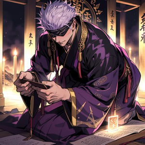 1 boy,  satoru gojo,  blindfold,  purple and gold ceremonial robe,  kneeling,  close-up_shot,  holding a glowing ancient scroll,  surrounded by ethereal symbols and runes,  ancient temple background,  mysterious atmosphere

