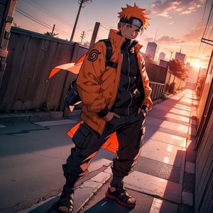 1boy, n4rut0,facial mark,whisker markings,konohagakure symbol,forehead protector,spiked hair,jacket,orange hair casual outfit, hands in pockets, full_body_shot, standing on rooftop, cityscape background at sunset, orange and pink hues, wind blowing through white hair, confident smile, urban ninja, 8k,n4rut0