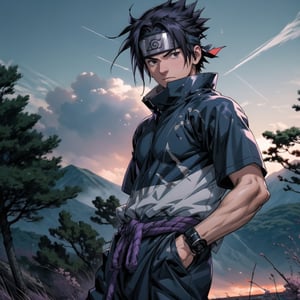 japanese clothes,konohagakure symbol,ninja,sword,short sleeve,headband,forehead protector,spiked hair,s4suk3,  best quality,  high detailed,  bokeh,  sharp focus,  hands in pockets,  full_body_shot,  cosmic sky,  violet hues, destroyed landscape, broken trees, wind blowing through hair, clothes on violet fire, best quality, high detailed, bokeh, sharp focus, hands in pockets, full_body_shot
