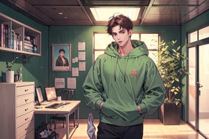 This 18-year-old young man has deep brown hair styled in a medium-short cut. His facial features exhibit typical Asian characteristics, including moderately thick eyebrows and deep black eyes. Standing at a height of 187 centimeters, he displays a physique with pronounced muscular definition. He is dressed in a green Hoodie, paired with black cotton pants, bedroom 

In his living environment, there is a white wardrobe, green walls, and a white desk. These elements are meticulously coordinated in a Muted color palette, creating a thoughtfully designed space. This background not only highlights his personality and taste but also cultivates a modern and inviting atmosphere.,hackedtech
