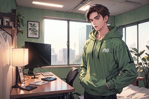 This 18-year-old young man has deep brown hair styled in a medium-short cut. His facial features exhibit typical Asian characteristics, including moderately thick eyebrows and deep black eyes. Standing at a height of 187 centimeters, he displays a physique with pronounced muscular definition. He is dressed in a green Hoodie, paired with black cotton pants, bedroom 

In his living environment, there is a white wardrobe, green walls, and a white desk. These elements are meticulously coordinated in a Muted color palette, creating a thoughtfully designed space. This background not only highlights his personality and taste but also cultivates a modern and inviting atmosphere.,hackedtech