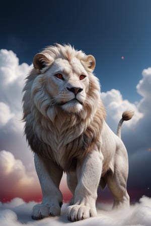 Spongy white large Cloud in the shape of Lion, surrounded by clouds, white, elegant, red eyes, large beast, Bokeh, in sky 8k,<lora:659095807385103906:1.0>