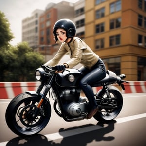 retro girl in short hairstyles riding Modern Cafe Racer, in the streets, illustration 