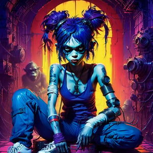 A woman sits regally in a steel throne, her messy purple buns hairstyle framing her bold features. Monochrome, Face paint, Blue eyes gleam through a gas mask, its metallic sheen reflecting the vibrant hues of her attire. white Sneakers pop against the throne's industrial backdrop. Bandages wrap her limbs like a second skin, some torn and frayed, others neatly wrapped. Her gaze pierces the camera, as if challenging the viewer to approach. (In the style of Gorillaz' 2D artwork, Jamie Hewlett's signature flair is evident in the bold lines, vivid colors, and playful nods to industrial chic:1.4).