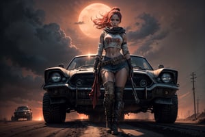 a beautiful woman with a perfect body stands in front of a highly detailed Mad Max vehicle, she is wearing Mad Max themed clothing. sun-kissed road stretching out to infinity behind her. The vast red sky above, dotted with puffy white clouds, serves as a dramatic backdrop for this strong-willed heroine, embodying a Mad Max essence.