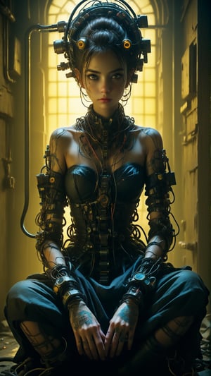 In this unsettling yet breathtaking unity 8k wallpaper, a solo figure sits majestically in an abandoned prison cell. The brutalist design of the throne is adorned with wires and machinery, casting colouful lights on the subject's stunning beauty. Perfectly proportioned, with intricate black lingerie and latex dress, she exudes goddess-like elegance amidst the darkness.

Tattoos adorn her skin, a testament to her cyborg nature as biopunk wires course through her body like veins. (Wires and cables attach the subjects head to the walls:1.4), The air is thick with tension, as if she's a slave to the machine. Vibrant colors dance in the dramatic lighting, creating an epic scene of horror and beauty. In the shadows, the outlines of Francis Bacon-inspired grotesquery lurk, inviting the viewer into this dystopic world of Body Horror.