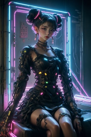 In this 8K masterpiece, a statuesque figure majestically sits within an abandoned prison cell, bathed in mesmerizing neon light that dances across her beauty. Her twin buns hair is made up of wires and cables, framing her face. Adorned with intricate black lingerie and latex dress, she exudes regal elegance amidst the darkness. Brutalist machinery surrounds her throne-like seat, casting colorful lights on her tattoos, a testament to her cyborg nature as biopunk wires course through her body like veins. Wires and cables attach her head to the walls, creating an unsettling atmosphere of tension as if she's a slave to the machine. Sooyaaa