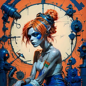 A woman sits regally in a steel throne, (messy orange buns hairstyle framing her bold features:1.4). Monochrome, Face paint, Blue eyes gleam through a gas mask, its metallic sheen reflecting the vibrant hues of her attire. white Sneakers pop against the throne's industrial backdrop. Bandages wrap her limbs like a second skin, some torn and frayed, others neatly wrapped. Her gaze pierces the camera, as if challenging the viewer to approach. (In the style of Gorillaz' 2D artwork, Jamie Hewlett's signature flair is evident in the bold lines, vivid colors, and playful nods to industrial chic:1.4).