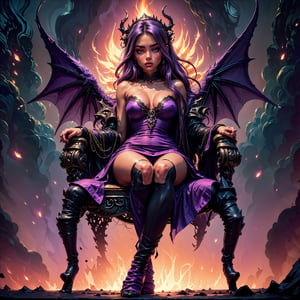 In a cinematic scene bathed in (purple theme:1.4) hues, (high angle shot:1.4), a captivating girl with flowing purple locks and majestic dragon wings rests upon an ornate throne, her arms crossed to accentuate her curves beneath her evening dress's modesty. Black knee-highstockings and boots add a touch of edginess to the overall ensemble. As she sits amidst flickering flames that engulf the the room behind her, her piercing gaze directly engages the viewer, exuding an air of sensuality. Brush strokes imbue the illustration with textured depth, as warm light dances across the characters' features and the fiery backdrop.