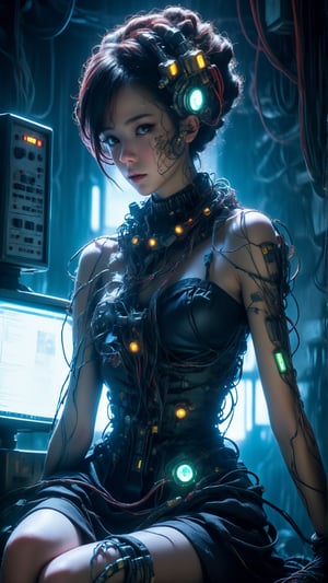 In this unsettling yet breathtaking unity 8k wallpaper, a solo figure sits majestically in an abandoned prison cell. The brutalist design of the throne is adorned with wires and machinery, casting colouful lights on the subject's stunning beauty. Perfectly proportioned, with intricate black lingerie and latex dress, she exudes goddess-like elegance amidst the darkness.

Tattoos adorn her skin, a testament to her cyborg nature as biopunk wires course through her body like veins. (Wires and cables attach the subjects head to the walls:1.4), The air is thick with tension, as if she's a slave to the machine. Vibrant colors dance in the dramatic lighting, creating an epic scene of horror and beauty. In the shadows, the outlines of Francis Bacon-inspired grotesquery lurk, inviting the viewer into this dystopic world of Body Horror.