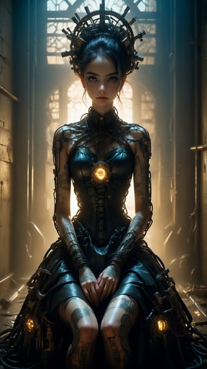 In this unsettling yet breathtaking unity 8k wallpaper, a solo figure sits majestically in an abandoned prison cell. The brutalist design of the throne is adorned with wires and machinery, casting an eerie golden light on the subject's stunning beauty. Perfectly proportioned, with intricate black lingerie and latex dress, she exudes goddess-like elegance amidst the darkness.

Tattoos adorn her skin, a testament to her cyborg nature as biopunk wires course through her body like veins. The air is thick with tension, as if she's a slave to the machine. Vibrant colors dance in the dramatic lighting, creating an epic scene of horror and beauty. In the shadows, the outlines of Francis Bacon-inspired grotesquery lurk, inviting the viewer into this dystopic world of Body Horror.