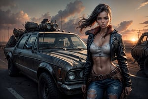 a beautiful woman with a perfect body stands next to a highly detailed Mad Max vehicle, she is wearing Mad Max style leather clothing, distressed jeans and leather belts. A sun-kissed road stretching out to infinity behind her. The vast red sky above, dotted with puffy white clouds, serves as a dramatic backdrop for this strong-willed heroine, embodying a Mad Max essence. (cowboy shot:1.4)
