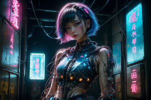 In this 8K masterpiece, a striking solo figure majestically stands within an abandoned prison cell, (neon signs in the background:1.4), bathed in mesmerizing blue and pink neon lights that dance across her statuesque beauty. (She has medium bob cut hair made up of wires and cables:1.4), Adorned with intricate black lingerie and latex dress, she exudes regal elegance amidst the darkness. Brutalist machinery surrounds her throne-like seat, casting colorful lights on her tattoos, a testament to her cyborg nature as biopunk wires course through her body like veins. Wires and cables attach her head to the walls, creating an unsettling atmosphere of tension as if she's a slave to the machine. Francis Bacon-inspired grotesquery lurks in the shadows, inviting the viewer into this dystopic world of Body Horror.