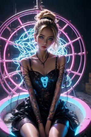 In this 8K masterpiece, a statuesque figure majestically sits within an abandoned prison cell, bathed in mesmerizing neon light that dances across her beauty, peircing blue eyes. (A colourful doorway to another dimension bathes the scene in an errie light:1.4), Her blonde messy bun hair is made up of wires and cables, framing her face. Adorned with intricate black lingerie and latex dress, she exudes regal elegance amidst the darkness. Brutalist machinery surrounds her throne-like seat, casting colorful lights on her tattoos, a testament to her cyborg nature as biopunk wires course through her body like veins. Wires and cables attach her head to the walls, creating an unsettling atmosphere of tension as if she's a slave to the machine. Sooyaaa