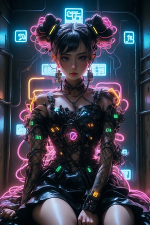 In this 8K masterpiece, a statuesque figure majestically sits within an abandoned prison cell, bathed in mesmerizing neon light that dances across her beauty. Her twin buns hair is made up of wires and cables, framing her face. Adorned with intricate black lingerie and latex dress, she exudes regal elegance amidst the darkness. Brutalist machinery surrounds her throne-like seat, casting colorful lights on her tattoos, a testament to her cyborg nature as biopunk wires course through her body like veins. Wires and cables attach her head to the walls, creating an unsettling atmosphere of tension as if she's a slave to the machine. Sooyaaa