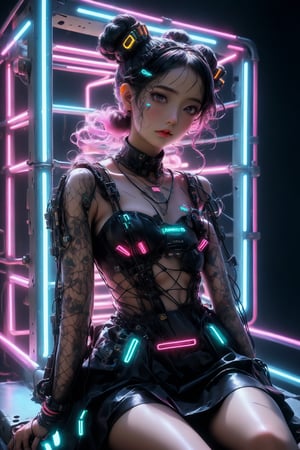 In this 8K masterpiece, a statuesque figure majestically sits within an abandoned prison cell, bathed in mesmerizing neon light that dances across her beauty. Her twin buns hair is made up of wires and cables, framing her face. Adorned with intricate black lingerie and latex dress, she exudes regal elegance amidst the darkness. Brutalist machinery surrounds her throne-like seat, casting colorful lights on her tattoos, a testament to her cyborg nature as biopunk wires course through her body like veins. Wires and cables attach her head to the walls, creating an unsettling atmosphere of tension as if she's a slave to the machine. Sooyaaa