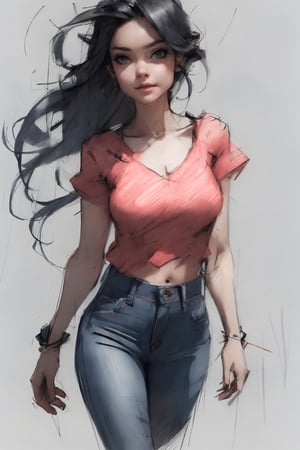 a beautiful woman, walking towards the camera, she has dark hair, she has twin tails hair style, she is wearing black distressed jeans, pencil sketch style (((sketch))),pencil drawing