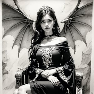hyperrealistic ((((pencil drawing)))), (((black and white))), a highly detailed pencil drawing, 1girl, solo, long hair, looking at viewer, bangs, hair ornament, long sleeves, dress, (((sitting with her knees together in an ornate throne))), (((cowboy shot))), flower, ((dragon wings)), choker, hair flower, wide sleeves, black dress, halo, black dragon wings, long dress black dress with intricate embroidery, (pencil drawing:1.4)