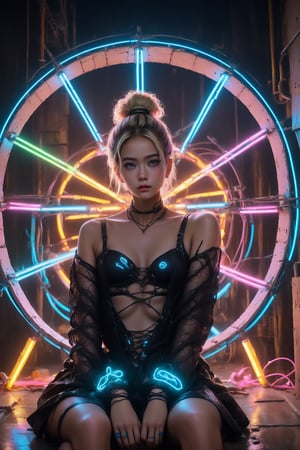 In this 8K masterpiece, a statuesque figure majestically sits within an abandoned prison cell, bathed in mesmerizing neon light that dances across her beauty, peircing blue eyes. (A colourful doorway to another dimension bathes the scene in an errie light:1.4), Her blonde messy bun hair is made up of wires and cables, framing her face. Adorned with intricate black lingerie and latex dress, she exudes regal elegance amidst the darkness. Brutalist machinery surrounds her throne-like seat, casting colorful lights on her tattoos, a testament to her cyborg nature as biopunk wires course through her body like veins. Wires and cables attach her head to the walls, creating an unsettling atmosphere of tension as if she's a slave to the machine. Sooyaaa