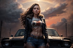 a beautiful woman with a perfect body and closed mouth stands next to a highly detailed Mad Max 1970s muscle car vehicle, (she has long brown wavy hair:1.4), she is wearing Mad Max style clothing, leather jacket and tshirt, distressed jeans and leather belts. A sun-kissed road stretching out to infinity behind her. The vast red sky above, dotted with puffy white clouds, serves as a dramatic backdrop for this strong-willed heroine, embodying a Mad Max essence. (cowboy shot:1.4)