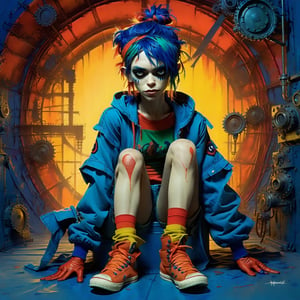 A woman sits regally in a steel throne, her messy orange buns hairstyle framing her bold features. Monochrome, Face paint, Blue eyes gleam through a gas mask, its metallic sheen reflecting the vibrant hues of her attire. Orange and red sneakers pop against the throne's industrial backdrop. Bandages wrap her limbs like a second skin, some torn and frayed, others neatly wrapped. Her gaze pierces the camera, as if challenging the viewer to approach. (In the style of Gorillaz' 2D artwork, Jamie Hewlett's signature flair is evident in the bold lines, vivid colors, and playful nods to industrial chic:1.4).