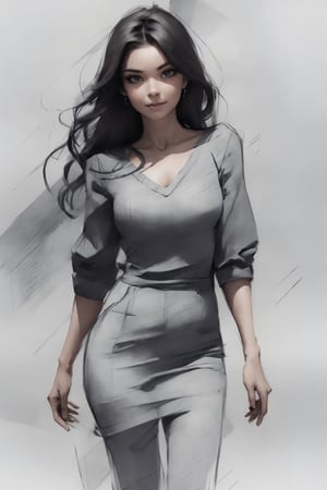 a beautiful woman, walking towards the camera, she has dark hair, pencil sketch style (((sketch))),pencil drawing