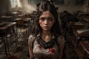 A young girl with a flawless complexion (1.4) and long black hair stands alone in an empty classroom, gazing directly at the viewer with an intense expression. Her swept bangs frame her striking features as she wears a school uniform, complete with a pleated skirt, serafuku-style blouse, sneakers, and fingerless gloves. A neckerchief adds a touch of elegance to her outfit. As she stands tall, her body language exudes confidence. But what's striking is the presence of blood on her face, clothes, and the surrounding area - a stark contrast to her calm demeanor. The realistic portrayal captures every detail, from the subtle smears of blood on her skin to the way it splatters across the floor, creating an eerie atmosphere that draws the viewer in.