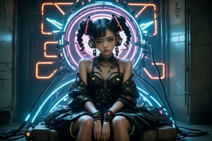 In this 8K masterpiece, a statuesque figure majestically sits within an abandoned prison cell, bathed in mesmerizing neon light that dances across her beauty. Her twin buns hair is made up of wires and cables, framing her face. Adorned with intricate black lingerie and latex dress, she exudes regal elegance amidst the darkness. Brutalist machinery surrounds her throne-like seat, casting colorful lights on her tattoos, a testament to her cyborg nature as biopunk wires course through her body like veins. Wires and cables attach her head to the walls, creating an unsettling atmosphere of tension as if she's a slave to the machine.