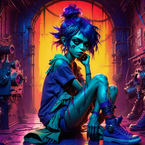 A woman sits regally in a steel throne, her messy purple buns hairstyle framing her bold features. Monochrome, Face paint, Blue eyes gleam through a gas mask, its metallic sheen reflecting the vibrant hues of her attire. Purple Sneakers pop against the throne's industrial backdrop. Bandages wrap her limbs like a second skin, some torn and frayed, others neatly wrapped. Her gaze pierces the camera, as if challenging the viewer to approach. (In the style of Gorillaz' 2D artwork, Jamie Hewlett's signature flair is evident in the bold lines, vivid colors, and playful nods to industrial chic:1.4).