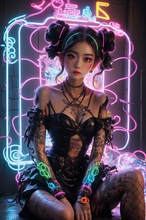 In this 8K masterpiece, a statuesque figure majestically sits within an abandoned prison cell, bathed in mesmerizing neon light that dances across her beauty. (A colourful doorway to another dimension bathes the scene in an errie light:1.4), Her twin buns hair is made up of wires and cables, framing her face. Adorned with intricate black lingerie and latex dress, she exudes regal elegance amidst the darkness. Brutalist machinery surrounds her throne-like seat, casting colorful lights on her tattoos, a testament to her cyborg nature as biopunk wires course through her body like veins. Wires and cables attach her head to the walls, creating an unsettling atmosphere of tension as if she's a slave to the machine. Sooyaaa