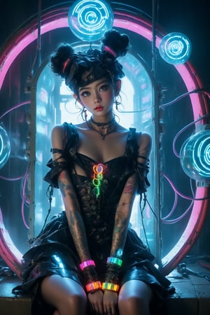 In this 8K masterpiece, a statuesque figure majestically sits within an abandoned prison cell, bathed in mesmerizing neon light that dances across her beauty, peircing blue eyes. (A colourful doorway to another dimension bathes the scene in an errie light:1.4), Her twin buns hair is made up of wires and cables, framing her face. Adorned with intricate black lingerie and latex dress, she exudes regal elegance amidst the darkness. Brutalist machinery surrounds her throne-like seat, casting colorful lights on her tattoos, a testament to her cyborg nature as biopunk wires course through her body like veins. Wires and cables attach her head to the walls, creating an unsettling atmosphere of tension as if she's a slave to the machine. Sooyaaa