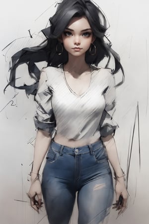 a beautiful woman, walking towards the camera, she has dark hair, she has twin tails hair style, she is wearing black distressed jeans, pencil sketch style (((sketch))),pencil drawing