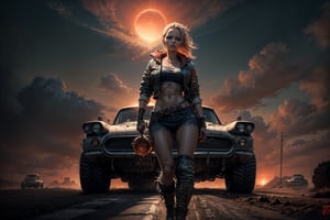 a beautiful woman with a perfect body stands in front of a highly detailed Mad Max vehicle, she is wearing Mad Max themed clothing. sun-kissed road stretching out to infinity behind her. The vast red sky above, dotted with puffy white clouds, serves as a dramatic backdrop for this strong-willed heroine, embodying a Mad Max essence.