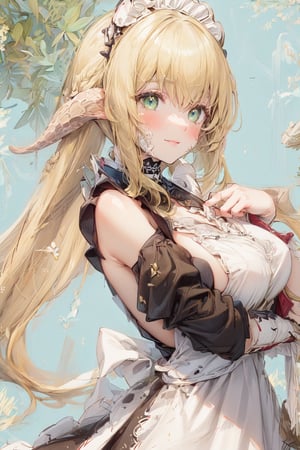 masterpiece, top quality, best quality, beautiful and aesthetic,
1girl,aayugiri(final fantasy),horns,solo, upper body, (breasts), flower, hair ornament, looking at viewer, cleavage,light smile, collarbone, huge breasts, bangs, ,(white maid dress:2.0), hair between eyes, front-tie top, blush,lake,tree, cloudy sky,night,bare shoulders,underboob,sideboob,perky breasts,
extreme detailed,highest detailed, optical mixing, playful patterns, lively texture, unique visual effect,green eyes,(blonde hair:2.0),long hair,scales on neck,white horns,eyelashes,blonde eyelashes,eyeshadow,front-tie bra,wavy hair,bright pupils,pupil contour,light green pupil contour,blush,big breasts,large breast,long horns,mature female,ff14bg