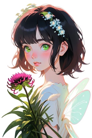 Realistic Clipart illustration,(((isolated on a white background))),very beautiful elegant pastel pink and white feather fairy in spring ,dark hair, hyper detail style, pink, green and soft pink mixed color settings, spiderlily, dahlias, baby’s breath and forget me nots. mix of realism and elias chatzoudis style, vintage style, bioluminescence, glow, fairy fixed on white background, no background no shadow in png digital art, james gurney art, white background