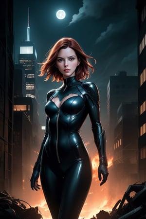 [Anime Realism] A realistic anime-style portrayal of Rachel Nichols as Catwoman, set in the dark, gritty atmosphere of the Snyderverse. Rachel Nichols is wearing a sleek, black, form-fitting catsuit with subtle armor details, her cat-like mask concealing part of her face, while her fiery red hair flows behind her. The background features the shadowy skyline of Gotham City, with towering skyscrapers and a full moon casting an ominous glow. The image is highly detailed, with cinematic lighting that emphasizes the contrast between light and shadow, giving a dramatic and intense mood. Inspired by the realistic anime styles of Makoto Shinkai and the visual tone of Zack Snyder’s films. [Ultra HD, 4K resolution, cinematic lighting, realistic textures, detailed facial features, atmospheric depth]

