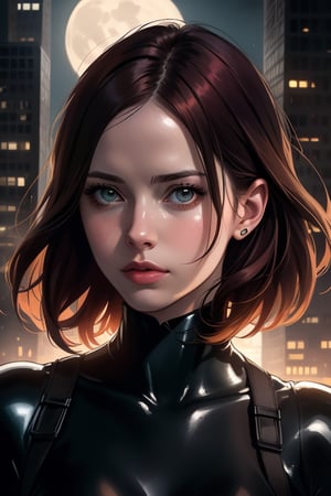 [Anime Realism] A realistic anime-style portrayal of Rachel Nichols as Catwoman, set in the dark, gritty atmosphere of the Snyderverse. Rachel Nichols is wearing a sleek, black, form-fitting catsuit with subtle armor details, her cat-like mask concealing part of her face, while her fiery red hair flows behind her. The background features the shadowy skyline of Gotham City, with towering skyscrapers and a full moon casting an ominous glow. The image is highly detailed, with cinematic lighting that emphasizes the contrast between light and shadow, giving a dramatic and intense mood. Inspired by the realistic anime styles of Makoto Shinkai and the visual tone of Zack Snyder’s films. [Ultra HD, 4K resolution, cinematic lighting, realistic textures, detailed facial features, atmospheric depth]

