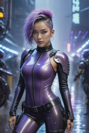 full_body_View, cyborg style, Beautifuel asian girl, hyper_realistic, wet hair, smiling. girl wearing ray ban sunglasses and latex clothing, rain dropps dripping, sweating and latex heels and Shoulder Holster with gun, glood_ spots_ on_face, rain atmosphere, neon lights, surrounded by metalic robots, steampunk style, standing behind motocyle,Movie Still,cyborg, light_purple_mohawk hair