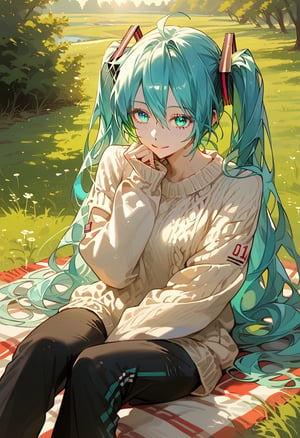 score_9, score_8_up, score_7_up, source_anime, masterpiece, high detailed,very aesthetic, hatsune_miku_(append), vocaloid, 1girl, aqua_hair, aqua_eyes, detailed gorgeous eyes, perfect face, detailed face,  girl, sitting, relaxing, enjoying breakfast, outdoor, meadow, green grass, wildflowers, comfortable clothing, cozy sweater, casual pants, picnic setup, morning sunlight, serene expression, gentle smile, warm atmosphere, BREAK, natural scenery, soft breeze, tranquil environment, light and airy, peaceful