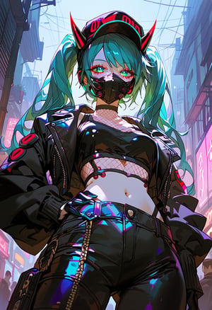 score_9, score_8_up, score_7_up, source_anime, hatsune_miku_(append), vocaloid, 1girl, aqua_hair, aqua_eyes, A cyberpunk-themed android girl, (cyperpunk clothes :1.2), Black digital jacket with neon trim, oni horned cap ,  Mesh crop top, Wide cargo pants, black gloves with sci-fi details, (Half-face oni mask : 1.2), with a stoic expression, ,night, dark alleyway, neon signs casting a faint glow, moody and futuristic vibe, from_below, beauty eyes, detailed eyes
