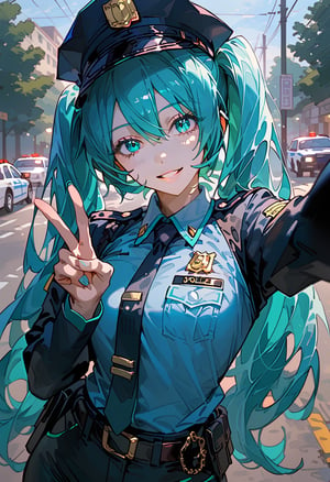 score_9, score_8_up, score_7_up, source_anime, hatsune_miku_(append), vocaloid, 1girl, aqua_hair, aqua_eyes, A police officer, standing under a dim streetlight, modern skyscrapers background, wearing dark blue uniform, take a selfies, V sign, a shadowy corner, light rain falls, mysterious atmosphere, police car, flashing lights, mist, Cinematic, dramatic lighting, high contrast, wide angle, 