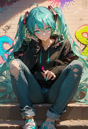 score_9, score_8_up, score_7_up, source_anime, masterpiece, high detailed,very aesthetic, hatsune_miku_(append), vocaloid, 1girl, aqua_hair, aqua_eyes, detailed gorgeous eyes, perfect face, detailed face, street-style girl, sitting, confident pose, under bridge, graffiti art, urban setting, hoodie, ripped jeans, sneakers, vibrant colors, expressive graffiti, shadows, natural lighting, BREAK, relaxed expression, hands in pockets, cool demeanor, wind-blown hair, cinematic, dusk, from_below